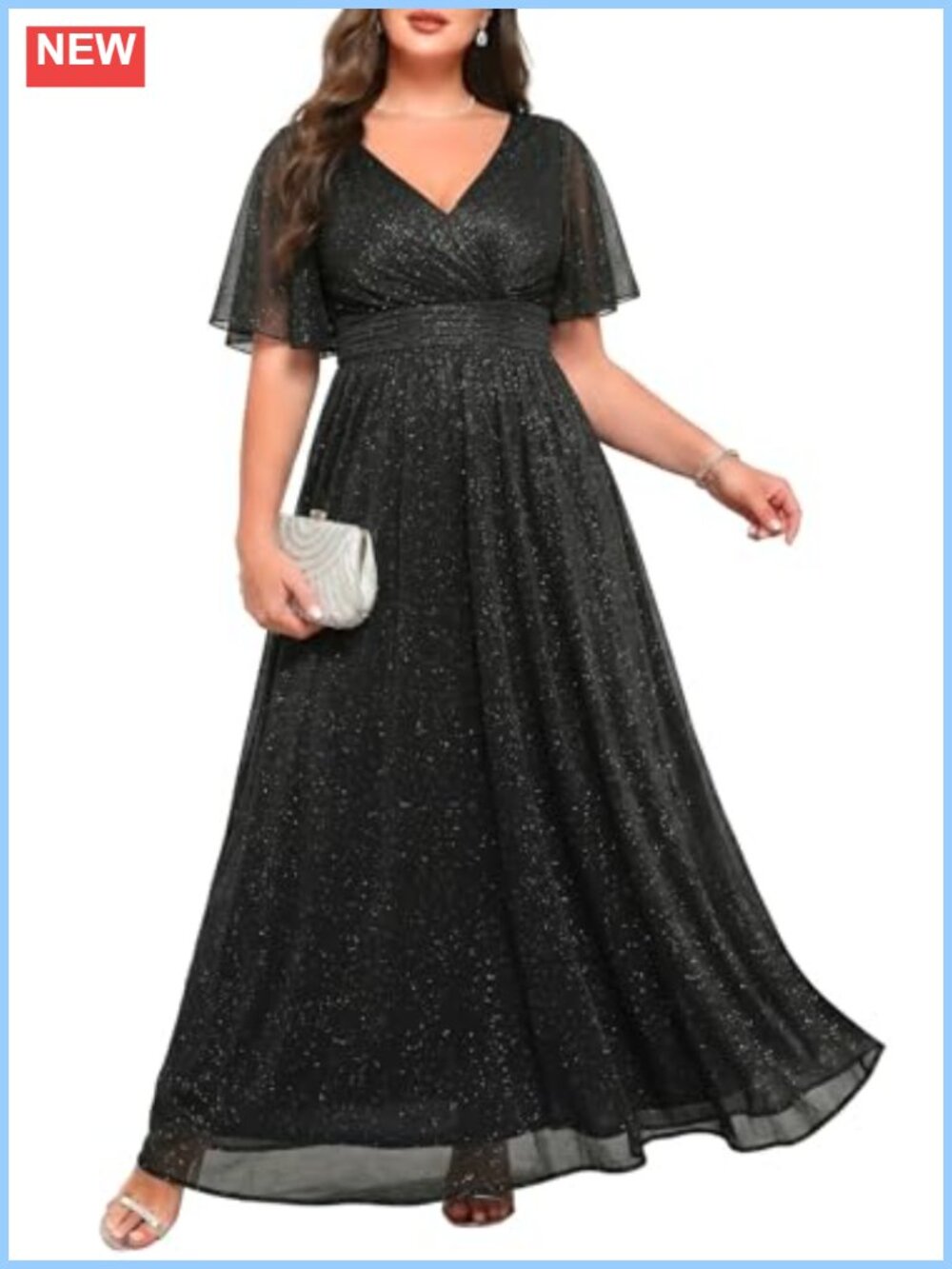 Plus Size Sequin Chiffon Formal Maxi Dress Flutter Sleeve Wedding Guest Gown